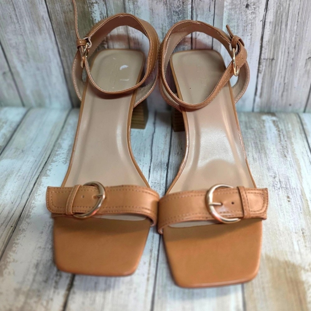 SODA Women's Tan Buckle Block Heel Sandals Square Toe Ankle Strap - Picture 2 of 6